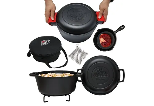 Arebos Grilltopf BBQ Dutch Oven 2in1 - Gusseisen Set für Outdoor-Küche - Grilltöpfe: Vielseitiges Gusseisen-Set mit Deckel als Pfanne, ideal für Outdoor-Camping und Gartenkochen, sofort einsatzbereit und inklusive praktischer Transporttasche.
