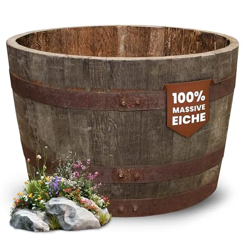 Temesso Halbes Fass aus schottischem Whiskyfass - Pflanzenkübel aus massiver Eiche, frostsicher und witterungsbeständig. Ideal für Palmen und Oliven, bringt Geschichte und Stil in deinen Garten, Balkon oder Terrasse.