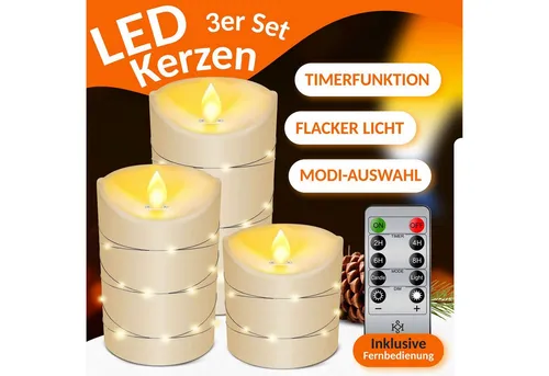 KESSER® LED Kerzen 3er Set - Flammenlos mit Timerfunktion - LED Kerzen Set, flammenlos und sicher mit realistischer Flackerlicht-Option. Ideal für stimmungsvolle Dekoration drinnen und draußen.