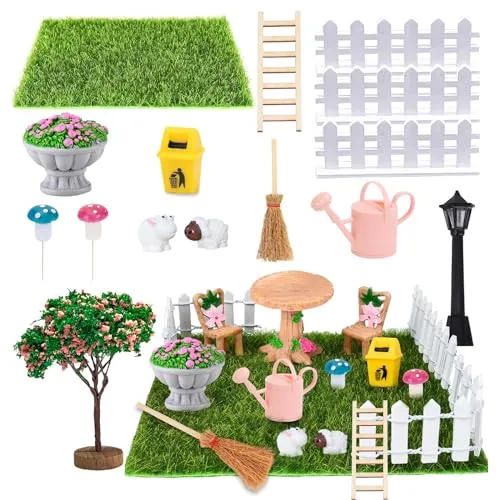 Golgner 18 Stück Miniatur Garten Zubehör, Miniatur Garten Deko, Miniatur Puppenhaus Set Garten, Mini Gartenmöbel Deko mit Kunstrasen, Zaun, Baum, für DIY, Feengarten Dekoration, Puppenhäuser