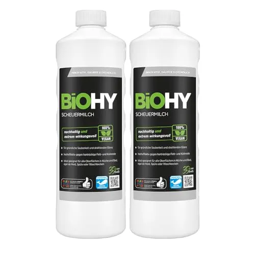 BiOHY Scheuermilch (2 x 1 liter) | entfernt hartnäckigen Schmutz mühelos | streifenfreie Reinigung ohne Kratzer | schonend zu Material & Umwelt | für Emaille, Keramik & Edelstahl