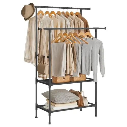 SONGMICS Kleiderständer mit 2 Stangen und Ablagen - Praktischer Kleiderständer für stressfreies Outfit-Management, bis 70 kg belastbar und ideal für Ordnung in Flur oder Schlafzimmer.