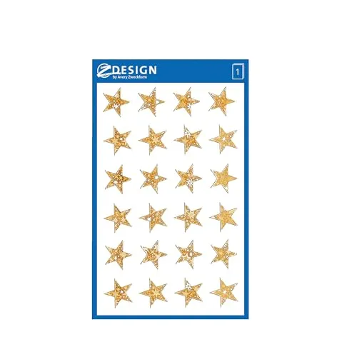 AVERY Zweckform 24 Aufkleber Weihnachten 24 Sterne gold (Weihnachtssticker aus Effektfolie, selbstklebende Weihnachtdeko für Karten, Geschenke, Tüten) 1 Bogen/24 Sternsticker, 52419