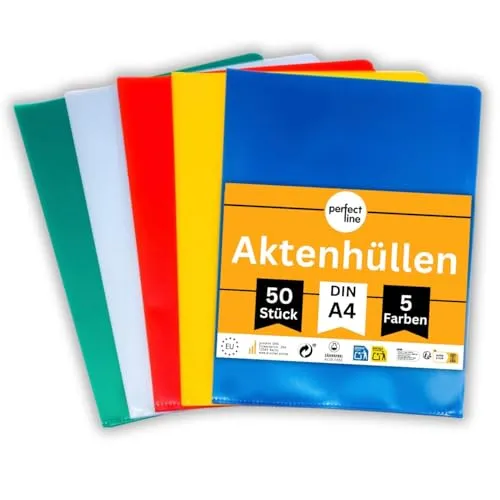 perfect line – 50 Aktenhüllen A4 farbig sortiert – genarbte Einsteckhüllen mit Öffnung oben & seitlich (Typ L), 5 Farben, 115 µ Folienstärke – dokumentenecht, säurefrei, reißfest, Made in EU