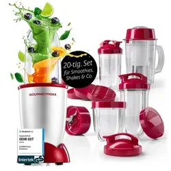 GOURMETmaxx Standmixer Mr. Magic 400W - 19-tlg. Set in Silber/Rot - Vielseitiger Standmixer für Smoothies, Shakes und mehr! Mit 400W und umfangreichem Zubehörset, inklusive To-Go-Bechern, für frische Genussmomente unterwegs.