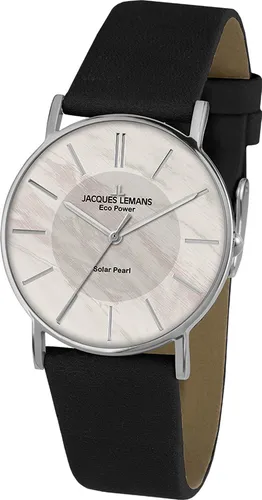 Jacques Lemans Eco Power 1-2112A Damenarmbanduhr - Damenuhr mit Edelstahlgehäuse und schwarzem Lederarmband, solarbetrieben und wasserdicht bis 5 ATM - ein elegantes Accessoire mit edlem Perlmutt-Ziffernblatt.