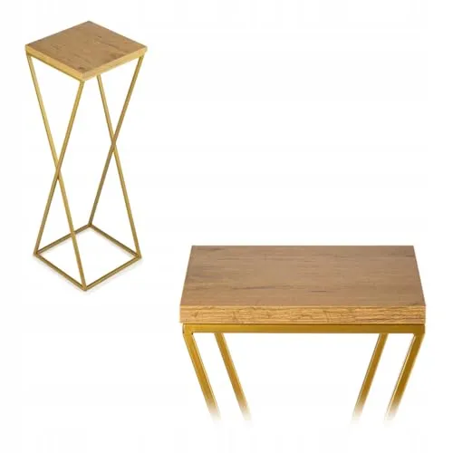 HowHomely Pflanzenständer Metall 70 cm Hoch - Stabiler und Fester Blumenhocker mit Eiche Optik MDF-Platte auf Gold Ständer - Blumenständer zur Dekoration Innenräumen