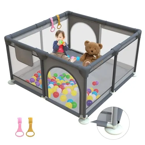 Laufstall Baby 120x120cm, Laufgitter Baby mit 2 Zugringen, Kinder Laufgitter mit Atmungsaktivem Netz und Reißverschluss für Kleinkinder, Dunkelgrau