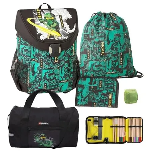 Familando Lego Ninjago Schulranzen Set 5tlg. Easy School Bag Green - Schultaschen-Set mit leichtem Design (nur 790 g), ergonomischer Passform und praktischem Zubehör wie gefüllter Federmappe und Sporttasche für einen perfekten Start in die Schule.