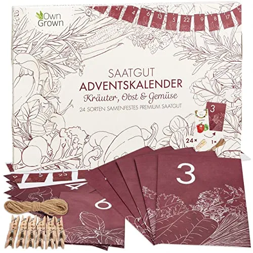 OwnGrown Adventskalender BEGR-300238: 24 Sorten Saatgut für Kräuter, Gemüse und Obst - Adventskalender mit 24 Premium-Saatgut-Tüten, gentechnikfrei und nachhaltig verpackt. Ideal für Hobbygärtner, um im Topf, Beet oder auf dem Balkon anzubauen.