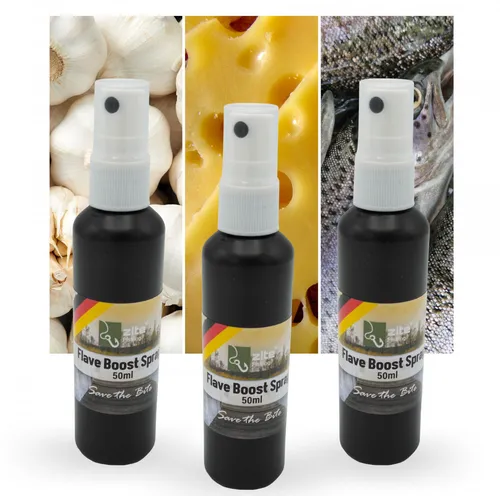 Zite Fishing Flave Boost Aroma-Spray Set 3x50ml - Köder-Aktivierendes Bait-Flavour für alle Köderarten - Set mit 3 Aromen: Knoblauch, Käse und Fischaroma, ideal zur Steigerung der Anziehungskraft auf Fische. Hochkonzentrierte Formel für langanhaltende Wirkung, einfach anzuwenden und perfekt für Gummiköder, Forellen-Teig und mehr.