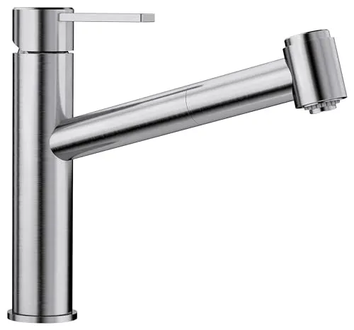 BLANCO AMBIS-S Küchenarmatur aus massiv Edelstahl - Armatur mit herausziehbarem Schlauch und Wechsel zwischen Klarstrahl und Brausestrahl für optimale Flexibilität in der Küche.