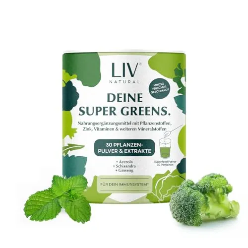 LIV Super Greens Pulver | 30 Pflanzenstoffe, mit Prä- & Postbiotika | Ohne Zucker, Süßstoffe oder Apfelsaftpulver | Frisch-minziger Geschmack | Für die Verdauung & Immunsystem