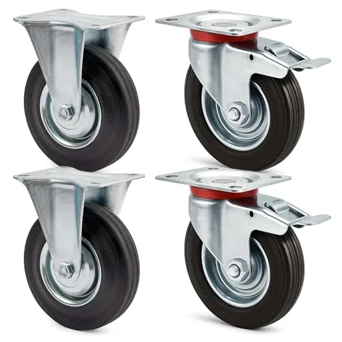Wiltec Transportrollen Set 75mm 2x Doppelstopp-Lenkrolle und 2x Bockrolle mit Vollgummirad, 50 kg pro Rad