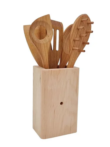 ERST-HOLZ Kochlöffelhalter Set aus Zirben- und Kirschholz - Sechsteiliges Küchenset mit aromatischem Zirbenholz-Behälter, ideal für alle Kochbedürfnisse. Hochwertige, unbehandelte Materialien sorgen für unbedenkliche Zubereitung Ihrer Speisen.