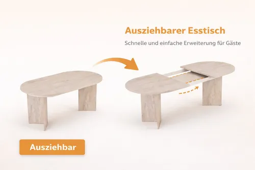 Moderner ausziehbarer Esstisch Sorell - Beige 160/200 x 90 cm - Eleganter ausziehbarer Esstisch mit 25 mm dicker melaminbeschichteter Platte. Ideal für gemeinsame Momente, bietet Platz für mehr Gäste und fügt sich harmonisch in jedes Wohnkonzept ein.