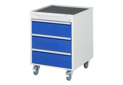 Rau Rollcontainer Serie 7000, abschließbar, grau/blau, 3 Schübe - Roll- & Standcontainer aus pulverbeschichtetem Metall mit 3 abschließbaren Schüben und zentralem Schloss, ideal für Ordnung und Sicherheit im Büro.