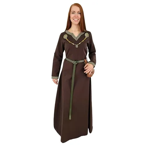 Vehi Mercatus Mittelalter Kleid Langarm, mit Borte Sigyn Baumwolle- Blau, Rot, Gr??n, Schwarz oder Braun- Mittelalter, LARP, Reenactment (DE/NL/SE/PL, Alphanumerisch, 3XL, Regular, Regular, Braun)