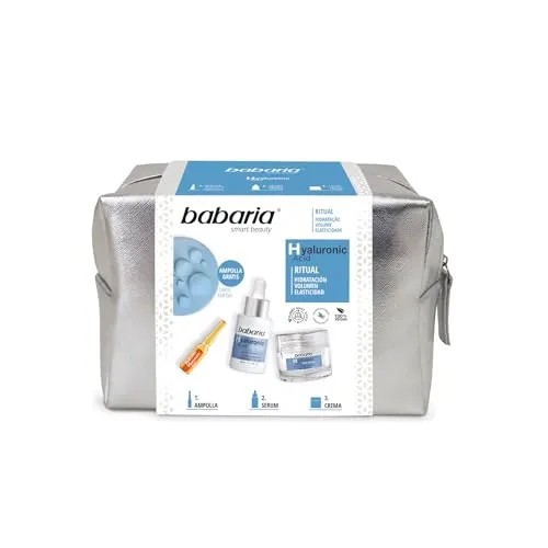Babaria Hyaluron-Ritual-Kosmetiktasche, inklusive Gesichtscreme 50 ml, Gesichtsserum 30 ml und 2 ml Gesichtsblase mit Hyaluronsäure, spendet Feuchtigkeit und vitalisiert die Haut, verbessert Volumen