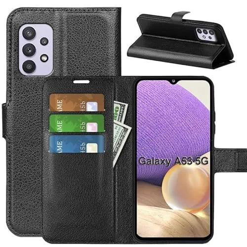 Handyhülle Kompatibel mit Samsung Galaxy A53 | Premium Qualität TPU Klapphülle für Galaxy A53 mit Kartenfächern | Magnetverschluss Handyhülle | Schwarz