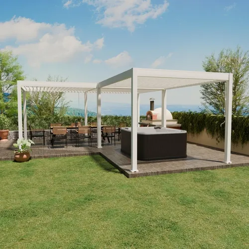 Deluxe Pavillon Terrassenüberdachung Aluminium 6 x 7 M mit Verbindungskit - Vielseitige L-Form Pergola aus Aluminium in Weiß: Ideal für große Terrassen. Mit verstellbarem Dach für individuelle Lichtregulierung und stabiler, wetterbeständiger Konstruktion. Perfekt für entspannte Stunden im Freien.