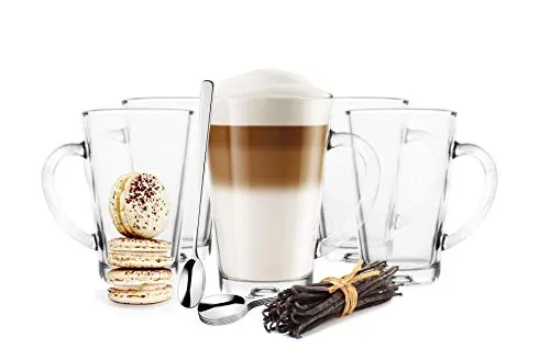 Sendez 6 Latte Macchiato Gläser 300 ml mit Henkel und 6 Löffel Kaffeegläser Teegläser