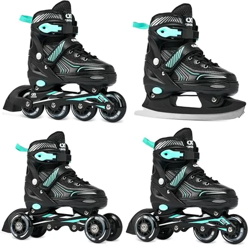 CROXER Optima 4in1 Inline Skates Triskates Rollschuhe Schlittschuhe Inliner für Kinder Erwachsene verstellbar (Black/Mint, 39-42 (24cm-26,5cm))