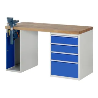 Rau Werkbank Modell 7510 mit 4 Schubladen und Schrank - Robuste Werkbank mit massiver Buche-Arbeitsplatte, ideal für DIY- und Heimwerkerprojekte. Bietet viel Stauraum und wird komplett montiert geliefert, Qualität „Made in Germany“.