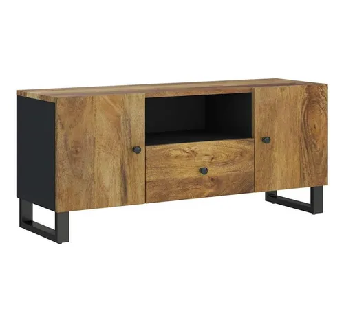 furnicato TV-Schrank aus Vollholz 105 x 33,5 x 46 cm mit honigbraunem Finish - Stilvoller TV-Schrank aus massivem Holz mit einzigartiger Holzmaserung. Viel Stauraum durch Schublade, offenes Regal und Türen. Robuste Eisenbeine sorgen für Stabilität. Ideal zur Präsentation von Dekoartikeln.