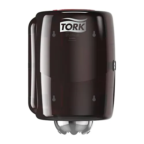 Tork 659008 Innenabrollungsspender für M2 Papierwischtücher - Öffentlicher Papierhandtuchspender in modernem Rot-Schwarz, ermöglicht hygienische Einzeltuchentnahme und einfaches Nachfüllen.