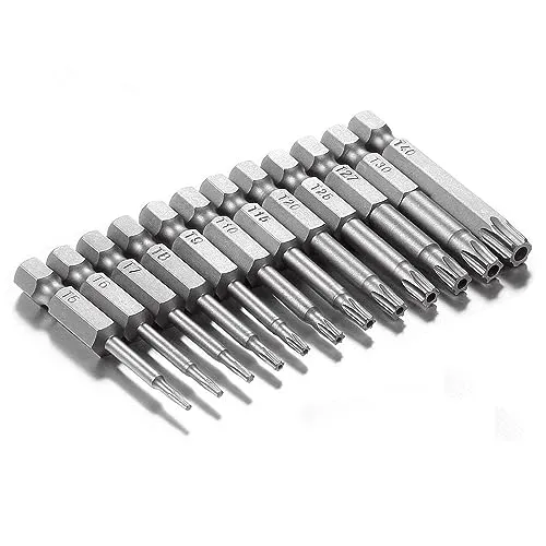 Gunpla 12-tlg. Magnetischer S2 Stahl T-Profil Bitsatz Torx Schraubendreher Set T5 T6 T7 T8 T9 T10 T15 T20 T25 T27 T30 T40(T8-T40 T-Profil mit bohrung), 50mm Lang, 1/4