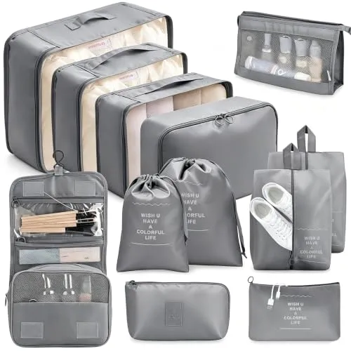 12-Teilige Koffer Organizer, Packing Cubes, Kofferorganizer Wasserdichte, Packwürfel, mit Packtaschen, Kleidertaschen, Kosmetiktasche, Schuhbeutel, Organizer Koffer (Grau)