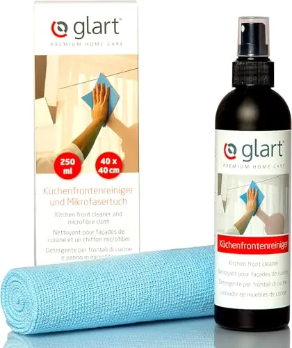 Glart 45KR Küchenfrontenreiniger Set – 250 ml alkoholfreies Reinigungsspray + 40×40cm Mikrofasertuch, für Hochglanzfronten, Lack, Kunststoff, Möbel, streifenfrei sauber – fusselfrei – Made in Germany