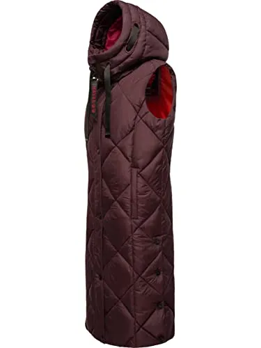 Navahoo Damen Winter Steppweste lang mit Kapuze Schnuckel Wine Gr. XL - Funktionsjacke mit modischer Karo-Steppung, warmer Wattierung und verstellbarer Kapuze – ideal für kalte Tage und sportliche Aktivitäten.