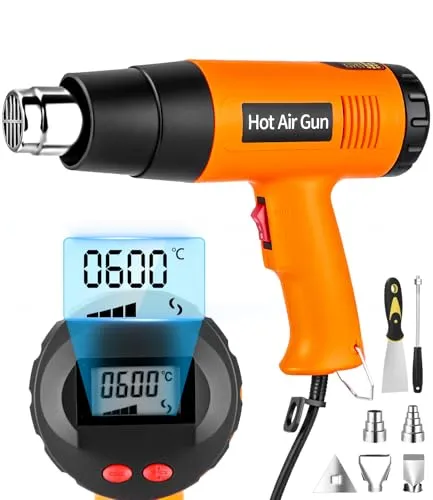 Tixexo Heißluftpistole 2000W Temperaturstufen 60℃- 600℃, 2 Einstellbare Heißluftfön mit LCD-Digitalanzeige, Überlastschutz, Heißluftgebläse zum Entlacken, Löten und Schrumpfen mit 6 Zubehör