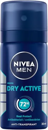 NIVEA MEN Dry Active Deo Spray Reisegröße, Deodorant mit 72h Anti-Transpirant-Schutz für ein trockenes Hautgefühl, antibakterielles Deospray ohne Ethylalkohol (35 ml)