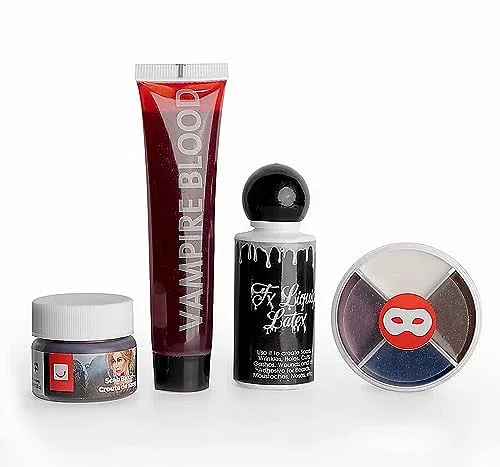 Maskworld Halloween Horror Make-Up Set - Special Effect 4er Pack - Kunstblut Latexmilch Wundschorf Schminke - Alles in einem