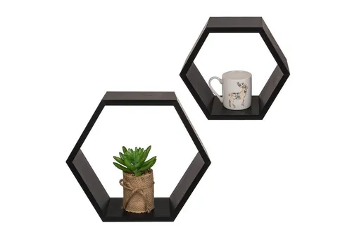 Out of the Blue Deko-Wandregal Holz Wandregal 2er Set 6-eckig schwarz Dekoregal