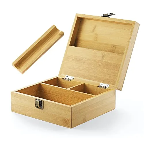 beka. Aufbewahrungsbox mit Rolltablett – Große Aufbewahrungsbox aus Bambus zum Organisieren all Ihrer Raucherzubehör – handgefertigte Premium-Holzkiste mit Scharnierdeckel – 19,1 x 17,8 x 7,6 cm