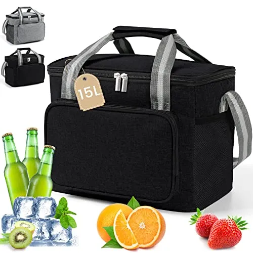 DUNSOO Kühltasche Klein 15L, Kleine Kuhltasche fur Unterwegs, Kuhltaschen Faltbar, Thermotasche für Picknick/BBQs/Camping/Ausflügen/Einkaufen/Auto, Schwarz