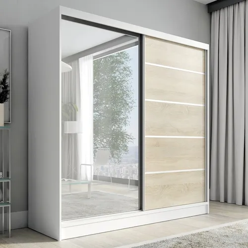 Schwebetürenschrank NERO 200 cm - 2-türig mit Spiegel - Schwebetürenschrank in modernem Design, 200 cm breit mit hochwertigem Aluminium-Schiebetürsystem für müheloses Öffnen. Ideal für stilvolle und funktionale Aufbewahrung.