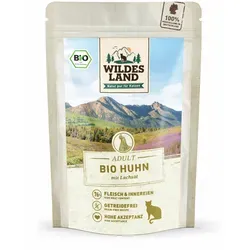 12x85 g Wildes Land BIO Adult Nassfutter für Katzen - Huhn mit Lachsöl