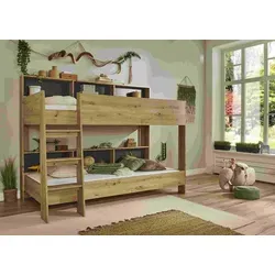 Boxxx Etagenbett Eiche Artisan 90x200 cm - Kinderzimmermöbel mit zusätzlichem Stauraum durch integrierte Regale – ideal für Ordnung und Gemütlichkeit im Jugendzimmer.