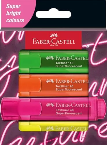 Faber-Castell 254600 - Textmarker Set 46, 4er Etui, Neon Farben, mit langlebiger Keilspitze, Strichbreite 1 - 5 mm, nachfüllbar