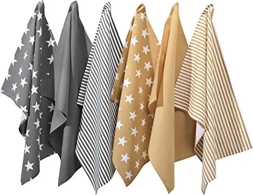 REDBEST Geschirrtücher, Küchentücher, Trockentücher 6er- Pack grau/beige Größe 50x70 cm - saugstark, strapazierfähig, Uni, Streifen, Sterne