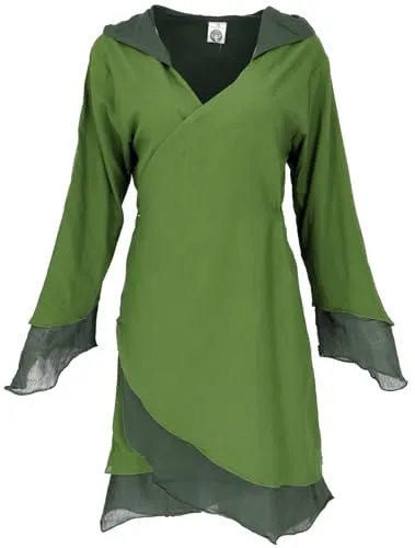 GURU SHOP Wickeltunika mit Zipfelkapuze - Lagenlook in Lemon/dunkelgrün - Freizeitkleider für Damen, zweilagige Wickeltunika aus leichter Baumwolle mit trendiger Zipfelkapuze für einen lässigen Look.