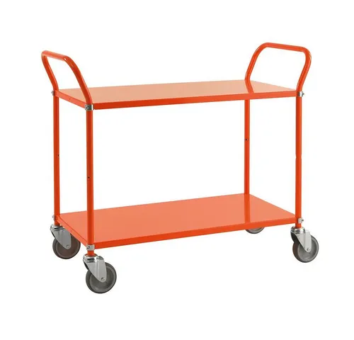 OSWALD Transportwagen Servierwagen orange mit 2 Böden - Robuster Servierwagen mit 2 pulverbeschichteten Stahlböden, ideal für den täglichen Einsatz. Maximale Belastbarkeit von 250 kg und kompakte Maße: 1.080 x 480 x 940 mm.