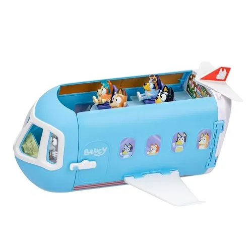 BlueY 3-in-1 Flugzeug-Spielset zum Ausklappen; Verwandlung von Flugzeug in Hotelresort & Boot! 70 cm breites Urlaubsresort-Spielset; 25+ Geräusche; 15 Spielzeugteile; 2 Exklusive Figuren Bingo