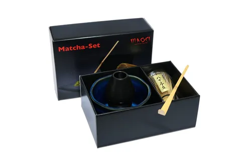 MAOCI Teeschale Matchaset Premium - Blau Schwarz, 5-teilig - Dieses 5-teilige Set umfasst eine stilvolle Matchaschale mit einzigartiger Glasur, die Platz für die Zubereitung von Matcha bietet. Ideal für Teeliebhaber, die Wert auf Design und Funktionalität legen.