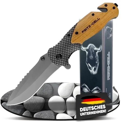 fritz-cell Klappmesser Einhandmesser Survival Taschenmesser Outdoor Messer Holz F28 mit Glasbrecher und Gurtschneider